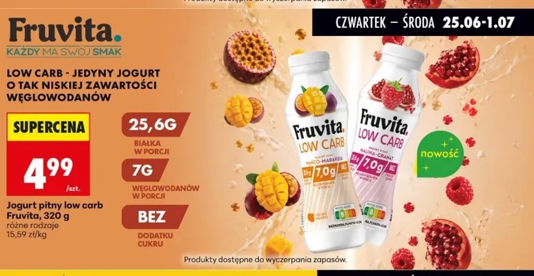 Jogurt pitny Fruvita Low Carb malina-granat promocja w Biedronka
