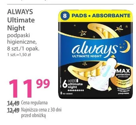 Podpaski higieniczne Ultimate Night, 8 szt./1 opak. promocja w Hebe
