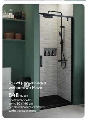 Drzwi prysznicowe wahadłowe Maza czarne 80x190 cm promocja w Castorama