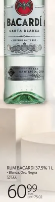 Rum RUM BACARDI 37,5% 1 L Blanca, Oro, Negra promocja w Selgros