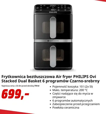 Frytkownica beztłuszczowa Philips Ovi Stacked Dual Basket 6 programów czarno-srebrny promocja w Media Markt