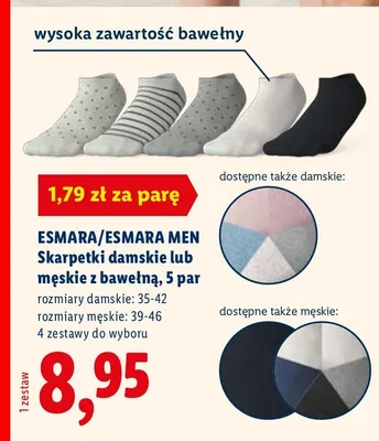 Skarpetki damskie lub męskie z bawełną, 5 par promocja w Lidl