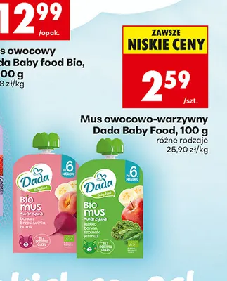 Mus owocowo-warzywny Dada Baby Food jabłko banan szpinak jarmuż promocja w Biedronka