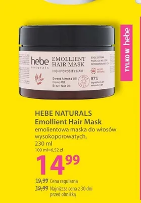 Emolientowa maska do włosów wysokoporowatych Hebe Naturals Emollient Hair Mask promocja w Hebe