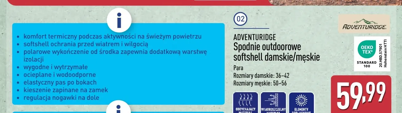 Spodnie outdoorowe softshell damskie/męskie Adventuridge promocja w Aldi