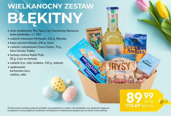 Zestaw Wielkanocny Błękitny - wino Chardonnay Bostavan 1l, cukierki kokosowe Michaszki 220g, kawa ziarnista Etiopia 250g, cukierki czekoladowe Choco Easter 70g, herbata zielona Rajski Ptak 50g, cukierki Irysy mix smaków 150g promocja w Makro