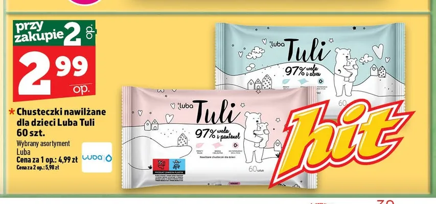 Chusteczki nawilżane dla dzieci Luba Tuli woda i aloes promocja w TOPAZ