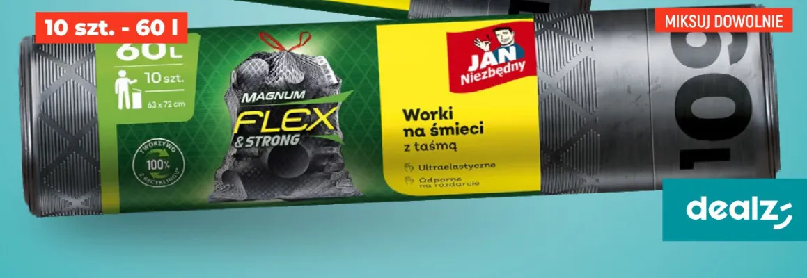 Worki na śmieci z taśmą Jan Niezbędny Magnum Flex & Strong 10-pak 60 l promocja w Dealz