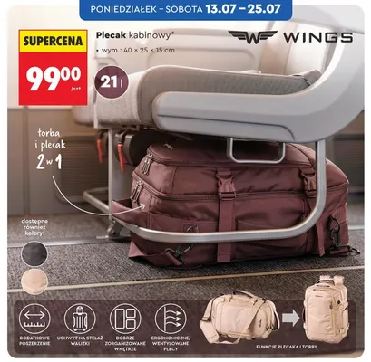 Plecak kabinowy WINGS 21 l promocja w Biedronka