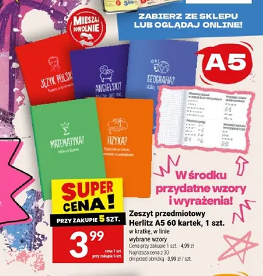 Zeszyt przedmiotowy Herlitz A5 60 kartek w kratkę promocja w Twój Market