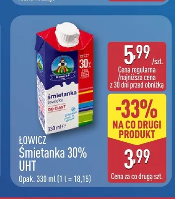 Śmietanka UHT Łowicz 30% promocja w Aldi