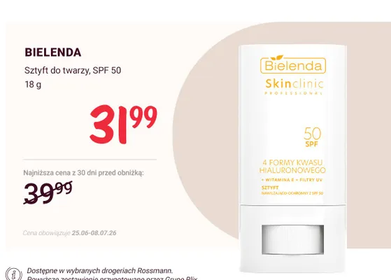Sztyft do twarzy SPF 50 Bielenda Skinclinic Professional promocja w Rossmann