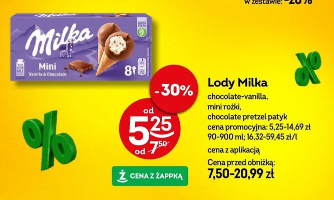 Lody Milka chocolate-vanilla, mini rożki, chocolate pretzel patyk promocja w Żabka