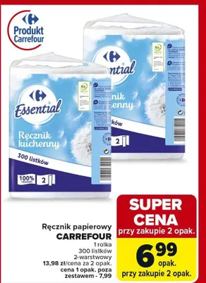 Ręcznik papierowy 1 rolka 300 listków 2-warstwowy Carrefour promocja w Carrefour