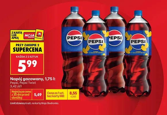 Napój gazowany Pepsi Twist 1,75 l promocja w Biedronka