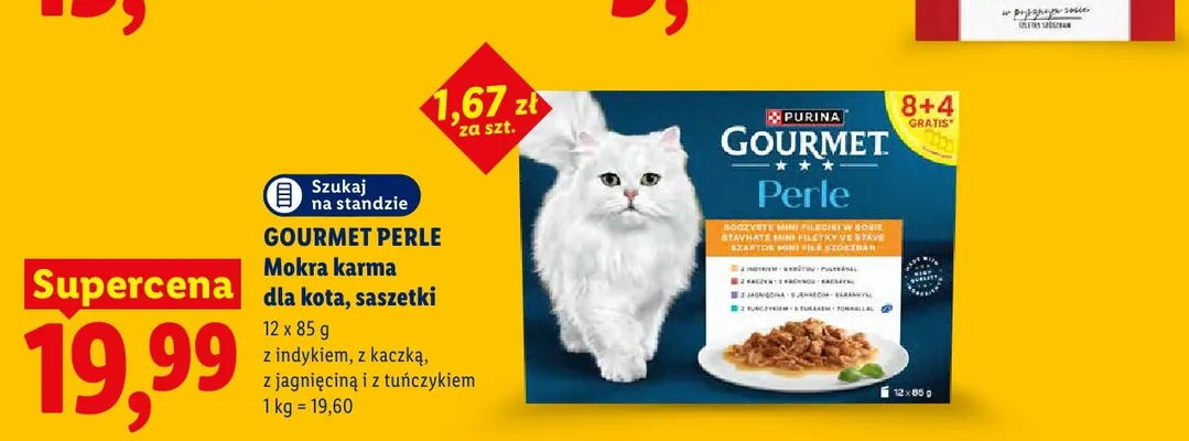 Mokra karma dla kota w saszetkach Gourmet Perle z indykiem z kaczką z jagnięciną i z tuńczykiem 12-pak promocja w Lidl