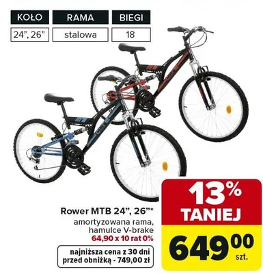 Rower MTB 24", 26" amortyzowana rama, hamulce V-brake promocja w Carrefour