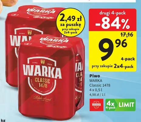 Piwo Warka Classic 1478 4-pak promocja w Intermarche