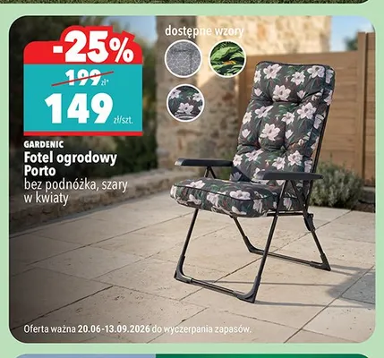 Fotel ogrodowy Gardenic Porto bez podnóżka, szary w kwiaty promocja w Biedronka