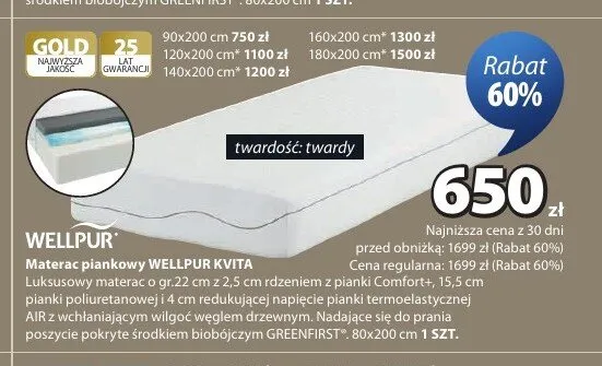 Materac piankowy Wellpur Kvita promocja w Jysk