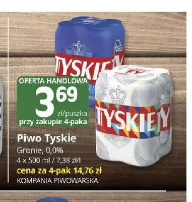 Piwo bezalkoholowe Tyskie 0,0% 4-pak promocja w Marketvita