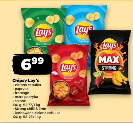 Chipsy zielona cebulka papryka fromage ostra papryka solone zielona cebulka Strong chilli & lime karbowane zielona cebulka promocja w Netto