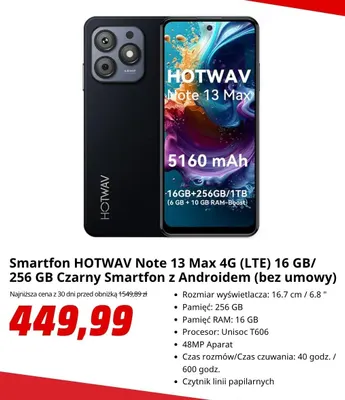 Smartfon Hotwav Note 13 Max 4 g (LTE) 16 GB/ 256 Gb czarny smartfon z Androidem (bez umowy) promocja w Media Markt