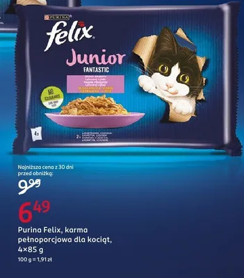 Karma pełnoporcjowa dla kociąt Purina Felix Junior Fantastic 4-pak 85g promocja w Rossmann