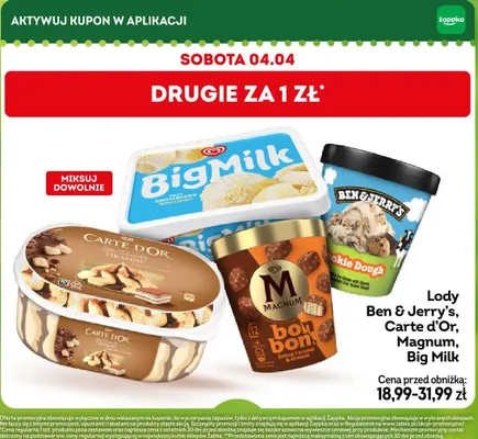Lody różne rodzaje (Ben & Jerry's, Carte d'Or, Magnum, Big Milk) promocja w Żabka