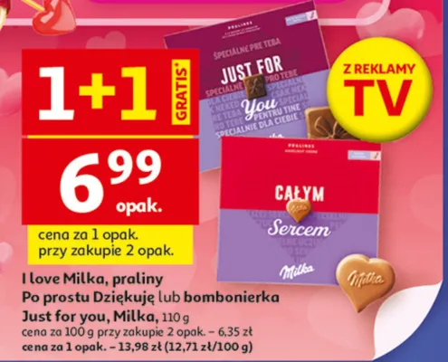 Praliny I love Milka, Po prostu Dziękuję lub bombonierka Just for you, Milka promocja w Auchan