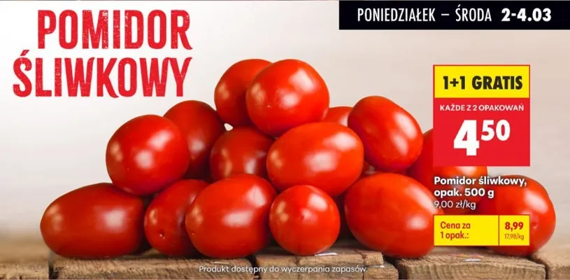 Pomidor śliwkowy 500 g 1+1 GRATIS promocja w Biedronka