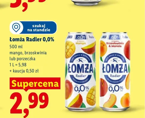 Piwo bezalkoholowe Łomża Radler Brzoskwinia & Morela promocja w Lidl