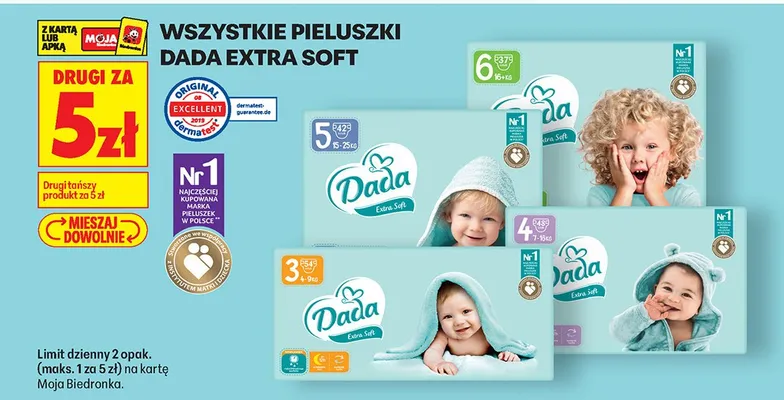Wszystkie pieluszki Extra Soft DRUGIE ZA 5 ZŁ promocja w Biedronka