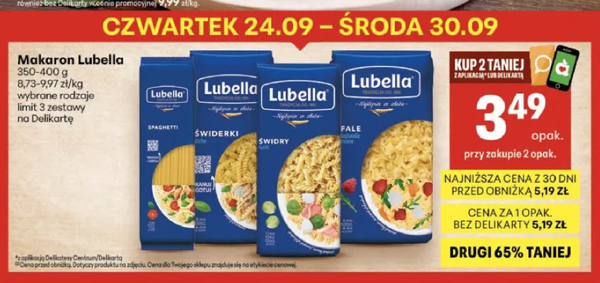 Makaron Lubella świdry promocja w Delikatesy Centrum