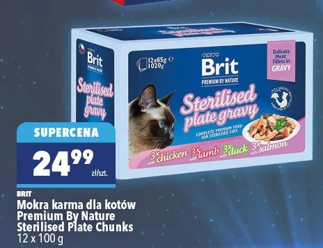 Mokra karma dla kotów Premium By Nature Sterilised Plate Chunks BRIT 12-pak 100g promocja w Biedronka Home
