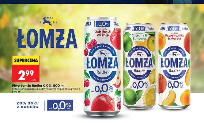 Piwo bezalkoholowe Łomża Radler brzoskwinia & morela promocja w Biedronka
