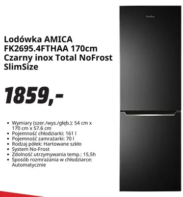 Lodówka Amica Czarny inox Total NoFrost SlimSize promocja w Media Markt