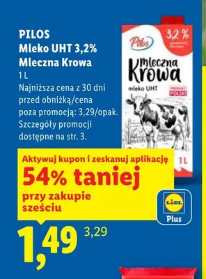 Mleko UHT 3,2% Mleczna Krowa Pilos promocja w Lidl