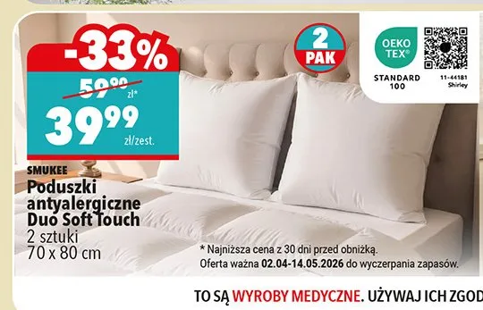 Poduszki antyalergiczne Duo Soft Touch Smukee 70x80cm 2 sztuki promocja w Biedronka