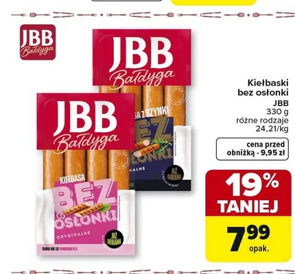 Kiełbaski bez osłonki JBB promocja w Carrefour