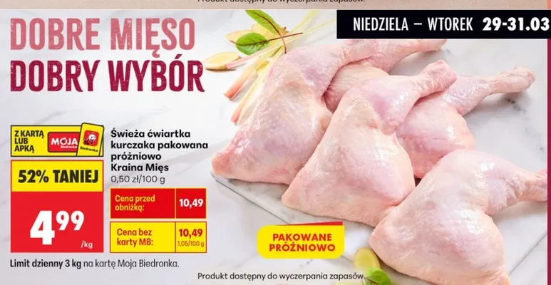 Świeża ćwiartka kurczaka pakowana próżniowo promocja w Biedronka