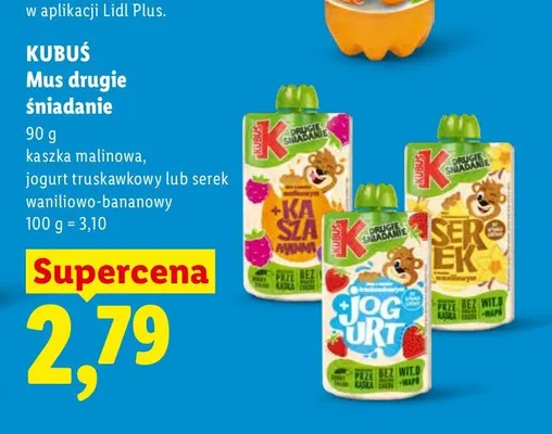 Mus drugie śniadanie jogurt truskawkowy Kubuś promocja w Lidl