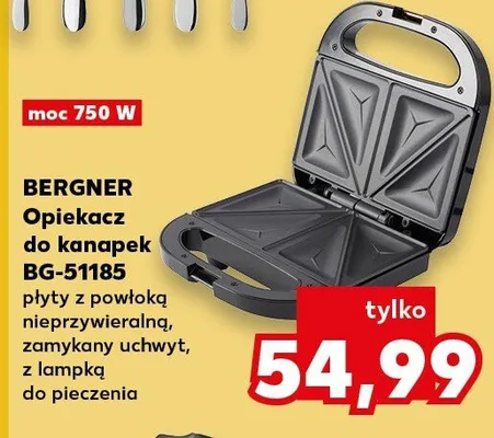 Opiekacz do kanapek Bergner BG-51185 750W płyty z powłoką nieprzywieralną zamykany uchwyt z lampką do pieczenia promocja w Kaufland