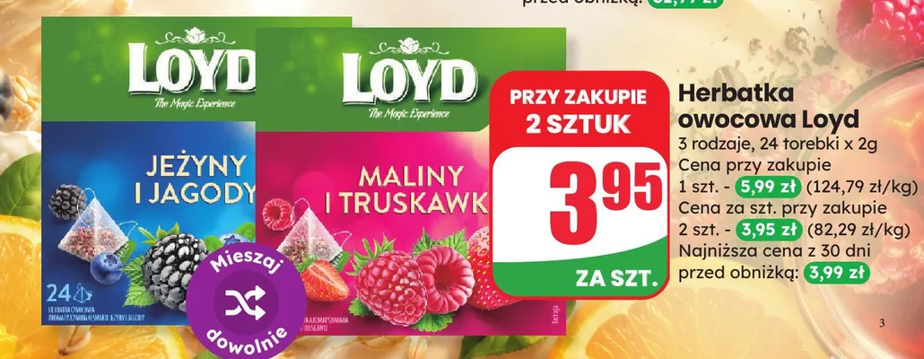 Herbatka owocowa Maliny i Truskawki Loyd promocja w Dino