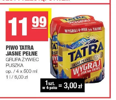 Piwo Tatra Jasne Pełne 4-pak promocja w SPAR