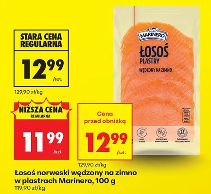 Łosoś norweski wędzony na zimno w plastrach Marinero promocja w Biedronka