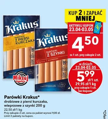 Parówki drobiowe z piersi kurczaka, wieprzowe z szynki promocja w LEWIATAN