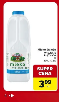 Mleko świeże Wiejskie Piątnica 2% promocja w Carrefour Market