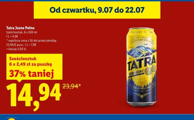 Piwo Tatra Jasne Pełne 6-pak 500 ml promocja w Lidl