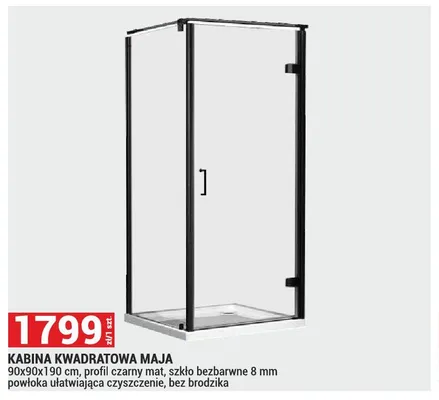 Kabina kwadratowa Maja 90x90x190cm profil czarny mat szkło bezbarwne 8mm powłoka ułatwiająca czyszczenie bez brodzika promocja w Merkury Market